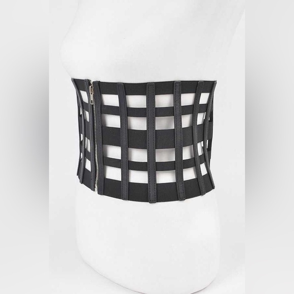 Black Vegan Leather Cage Zip Up Corset Statement Belt main image 5